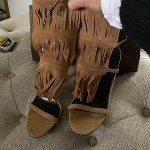 Brand new in box gladiators 36.5 camel suede heels 4-4.25 approx. heel height